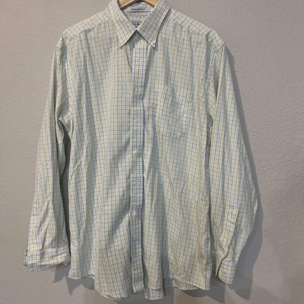 LL Bean Mens Slightly Fitted Long Sleeve Button Dress Shirt LARGE BLUE Reg Plaid